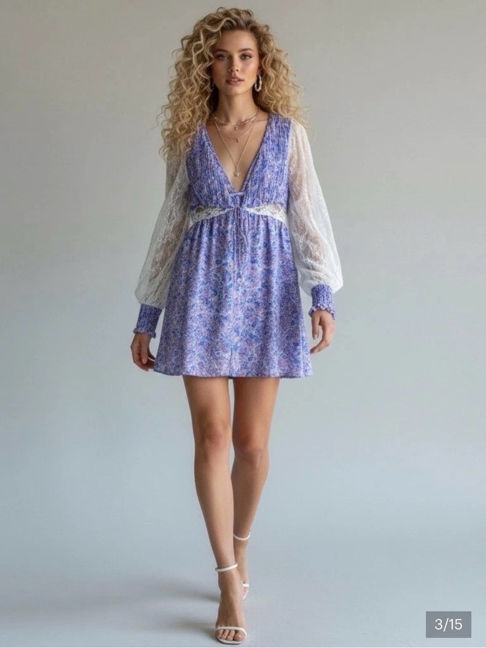 For Love & Lemons Lavender-Blue Floral Lace Mini Dress - Picture 3 of 13